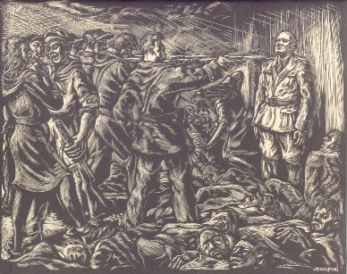 L'assassinio di Benito Mussolini (stampa dalla monografia). Xilografia.