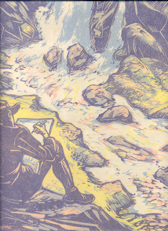 La cascata e il pittore. Xilografia a colori.