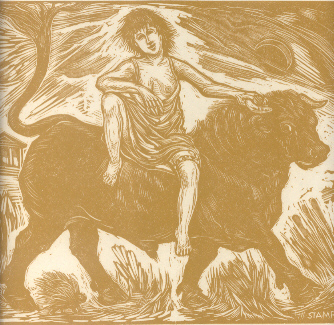 Il ratto d'Europa. Xilografia in giallo.