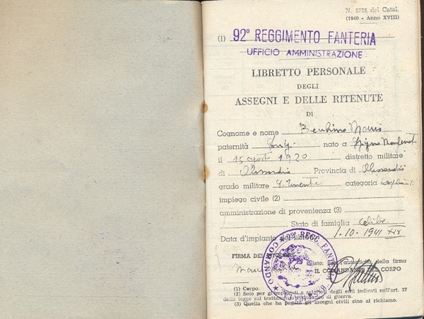 Libretto personale degli assegni e delle ritenute per ufficiali militarizzati …