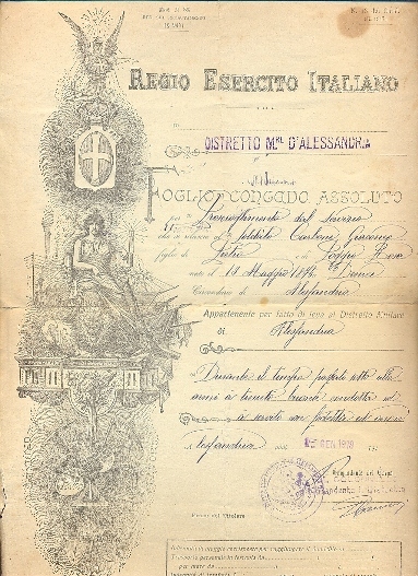 Foglio di congedo assoluto. Regio Esercito Italiano. Distretto M.re d'Alessandria.