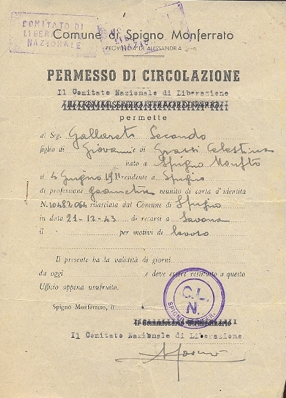 Permesso di circolazione . Comune di Spigno Monferrato.