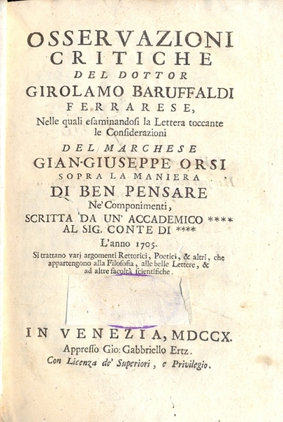 Osservazioni critiche del dottor Girolamo Baruffaldi. Nelle quali esaminandosi la …