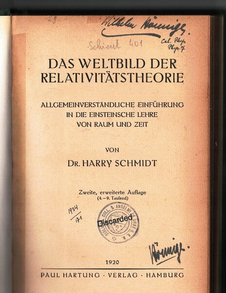 Das Weltbild der Relativitätstheorie. Allgemeinverständliche Einführung in die Einsteinsche Lehre …