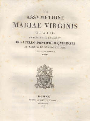De Assumptione Mariae Virginis. Oratio in Sacello Pontificio Quirinali ab …
