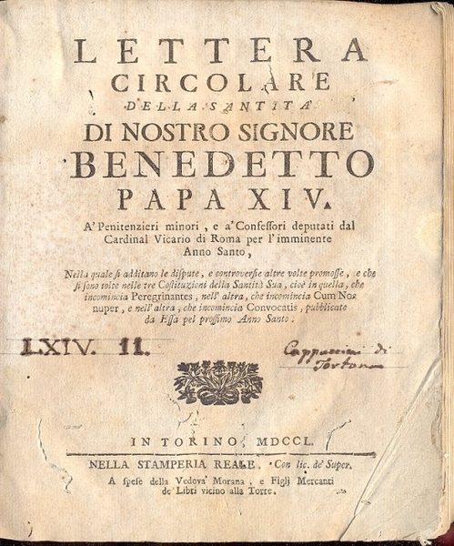 Lettera Circolare della Santità di Nostro Signore Benedetto Papa XIV. …