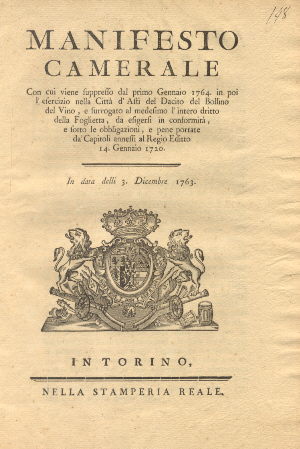 Manifesto Camerale riguardo l'intero diritto della Foglietta.3 dicembre 1763.