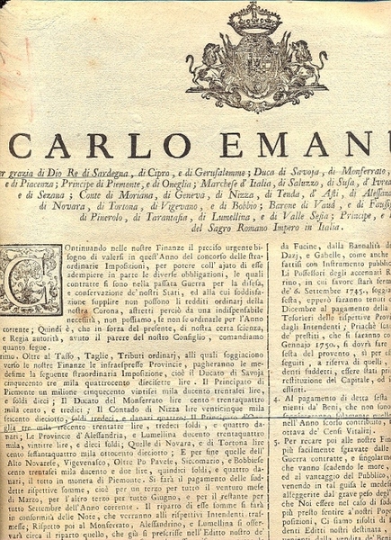 Regio Editto di Carlo Emanuele riguardanti disposizioni per il miglioramento …