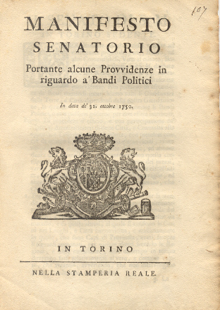 Manifesto Senatorio portante alcune Provvidenze in riguardo a' Bandi Politici. …