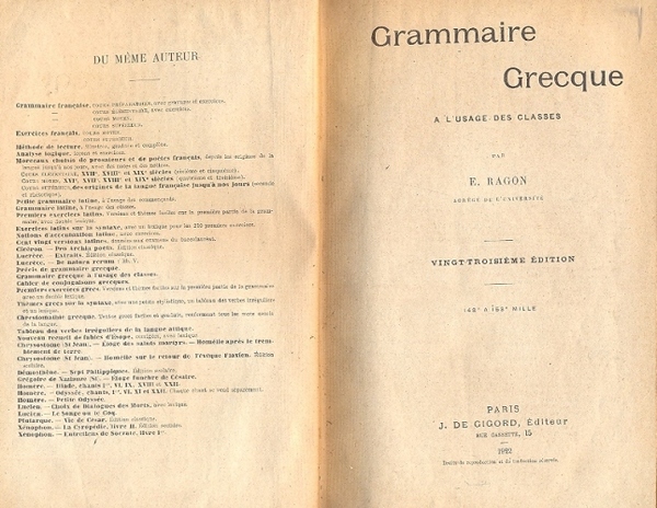 Grammaire Grecque a l'usage des classes.