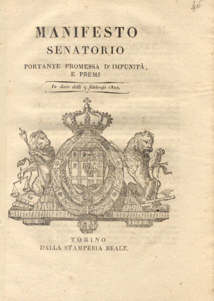 Manifesto Senatorio portante promessa d'impunità , e premj.9 febbrajo 1822.