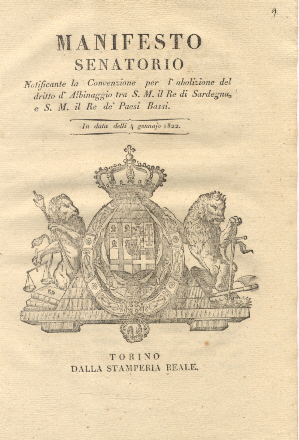 Manifesto Senatorio notificante la Convenzione per l'abolizione del diritto d'Albinaggio …