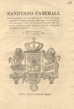 Manifesto Camerale portante notificanza delle determinazioni di S.M. per cui …