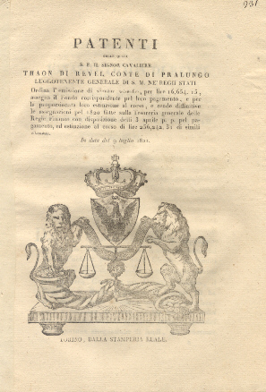 Patenti colle quali S. E. Thaon Di Revel Luogotenente Generale …