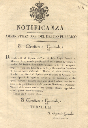 Notificanza del Direttore Generale dell'Amministrazione del Debito Pubblico con la …