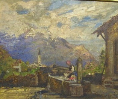 Paesaggio di montagna con baita e donna alla fontana.