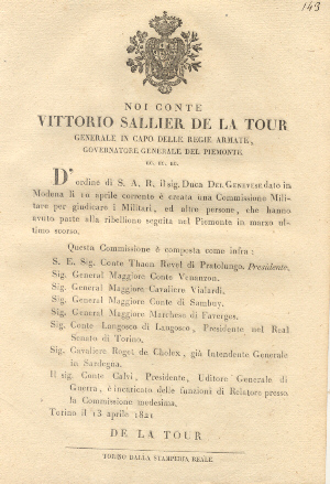 Circolare del Conte Vittorio Sallier de la Tour Generale in …