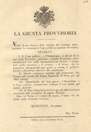 La Giunta Provvisoria decreta che il Capo Politico e l'intendente …