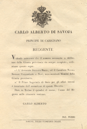 Provvedimenti di Carlo Alberto di Savoia, Reggente, col quale nomina …
