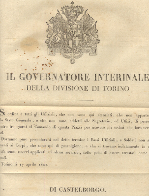Manifesto col quale il Governatore Interinale della Divisione di Torino …