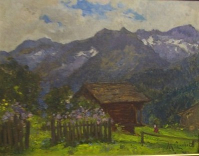 Paesaggio di montagna con steccato, baita e donna