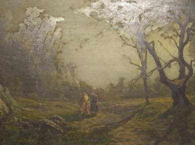 Mucca al pascolo con contadina.