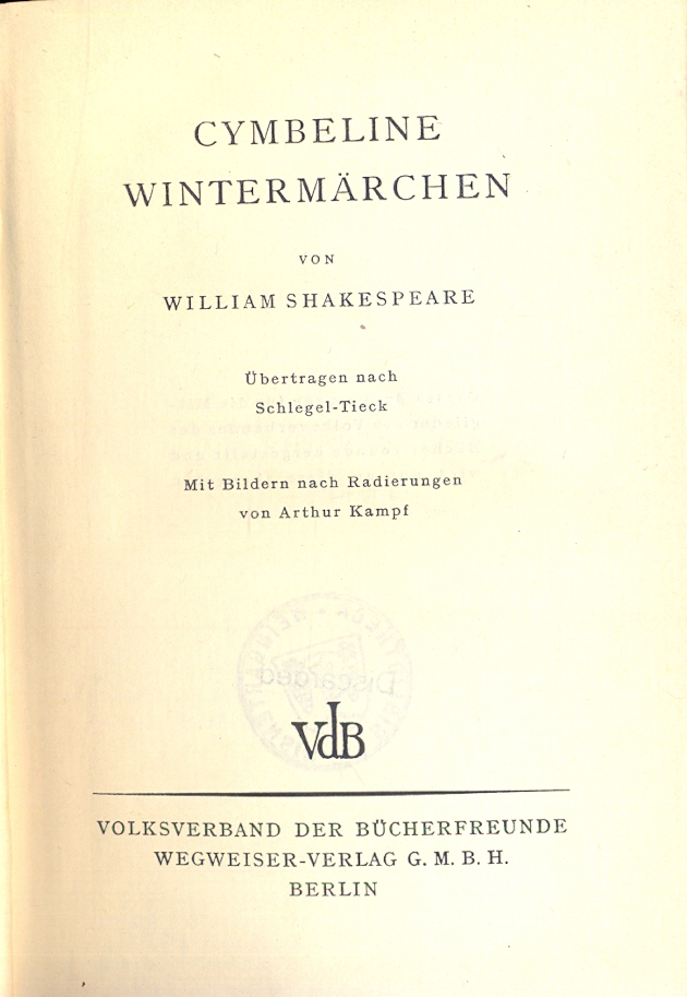 Cymbeline; Wintermarchen. Der Sturm. Heinrich VIII.