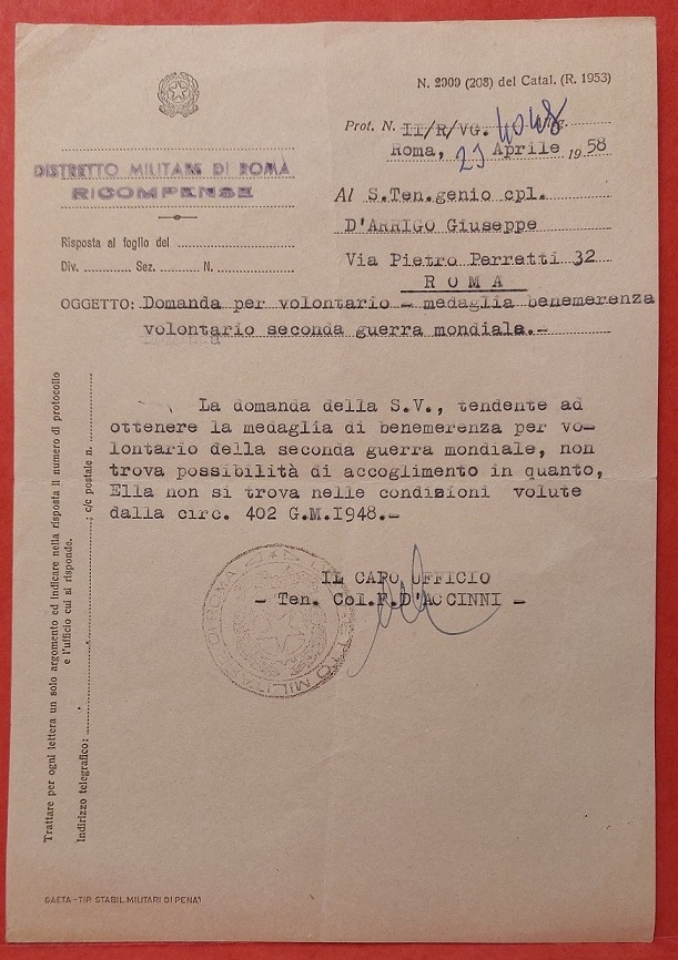 Domanda per volontario – Medaglia benemerenza per Giuseppe D’Arrigo.