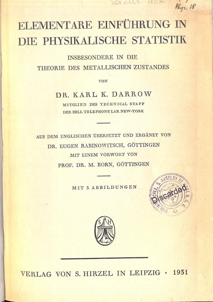 Elementare einfuhrung in die physikalische statistik. insbesondere in die theorie …