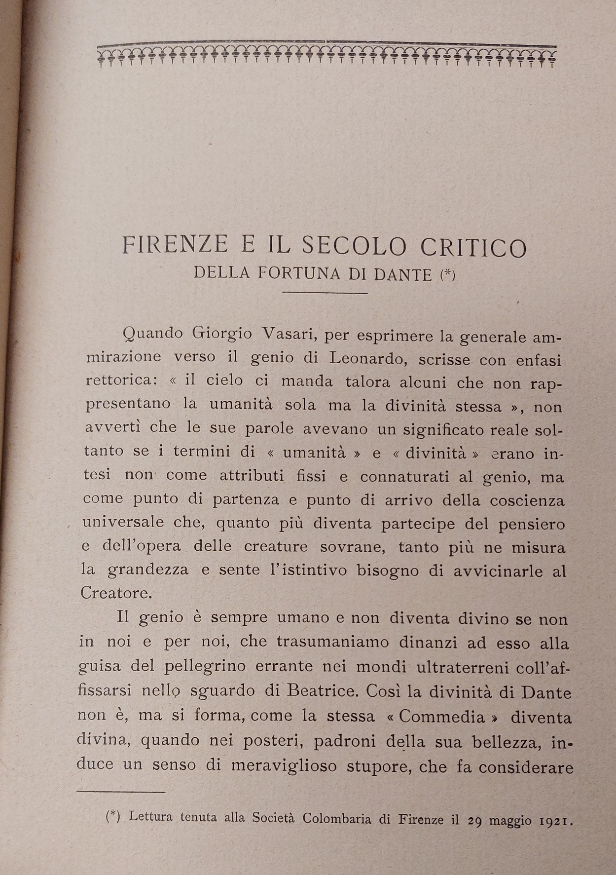 Firenze e il secolo critico della fortuna di Dante.