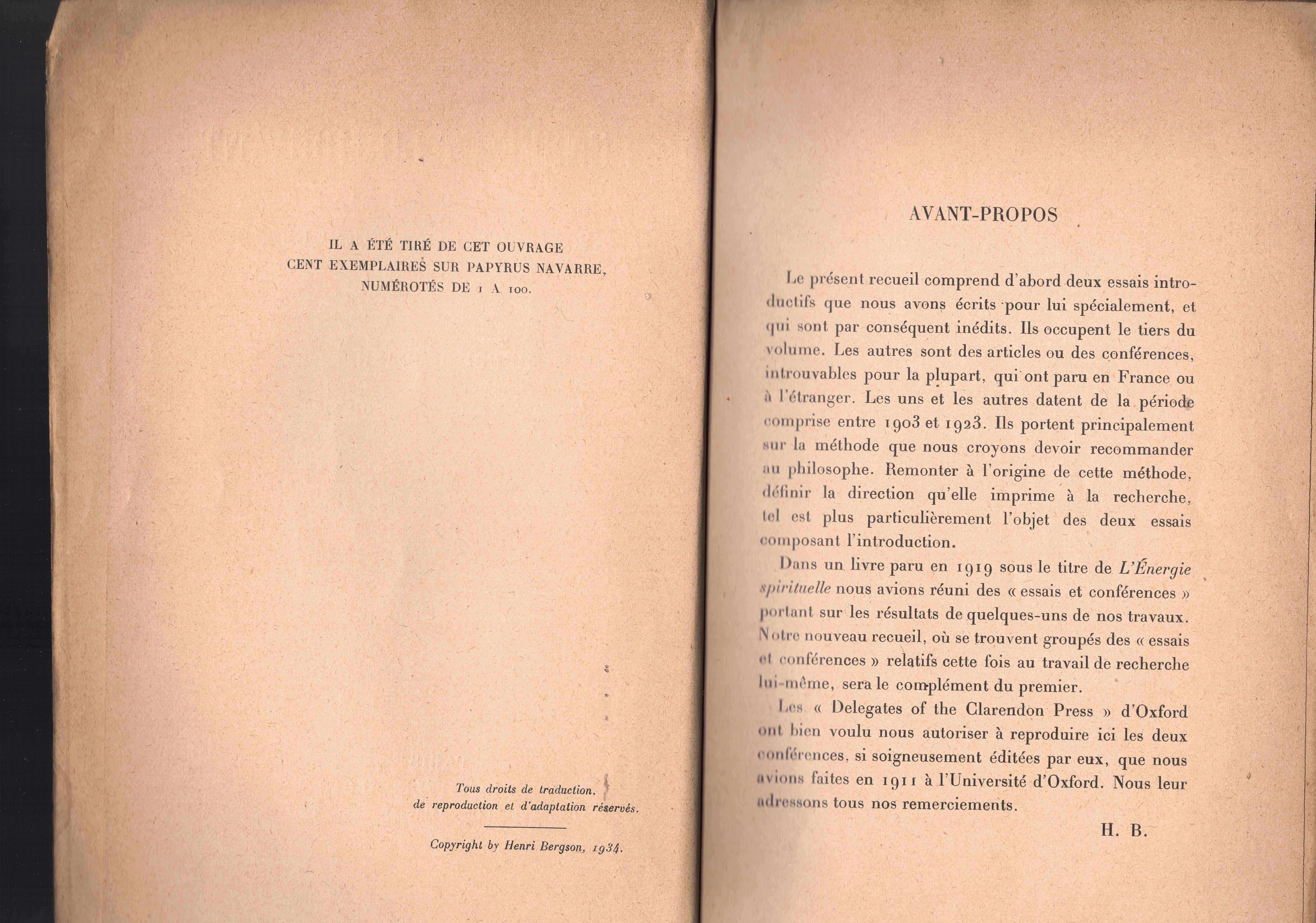 La pensee et le mouvant. Essais et conférences.