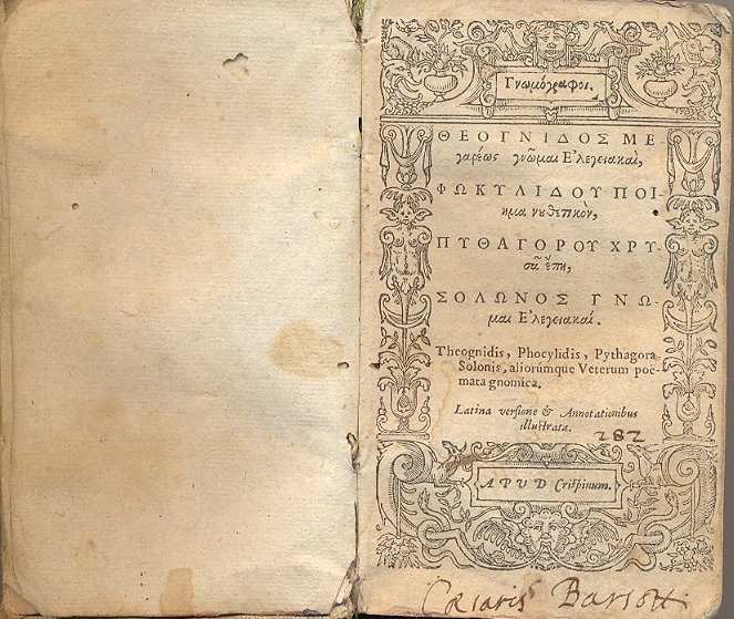 Theognidis, Phocylidis, Pythagora, Solinis, Theocriti, Simmia, Moschi, Bionis, Ausoni, aliorumque …