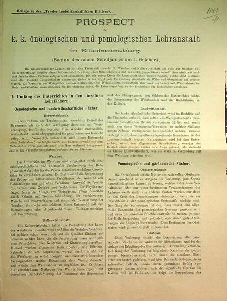Prospect der k.k. Ã¶nologischen und pomologischen Lehranstalt in Klosterneuburg.