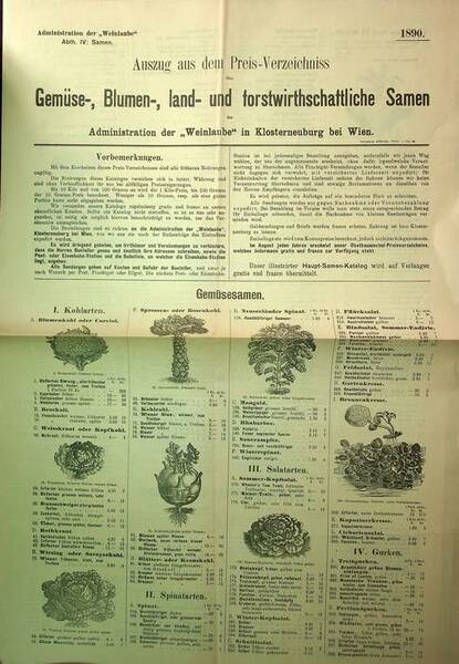 Auszug aus dem Haupt-Preis-Verzeichniss GemÃ¼se-, Blumen-, land- und forstwirtschaftliche Samen: …
