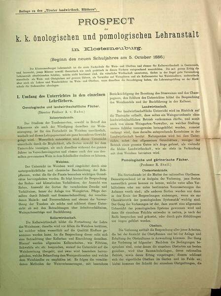 Prospect der k.k. Ã¶nologischen und pomologischen Lehranstalt in Klosterneuburg.