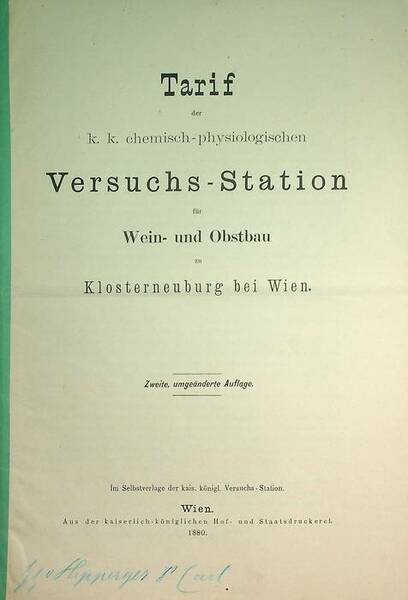 Tarif der k.k. chemisch-physiologischen Versuchs-Station fÃ¼r Wein- und Obstbau zu …