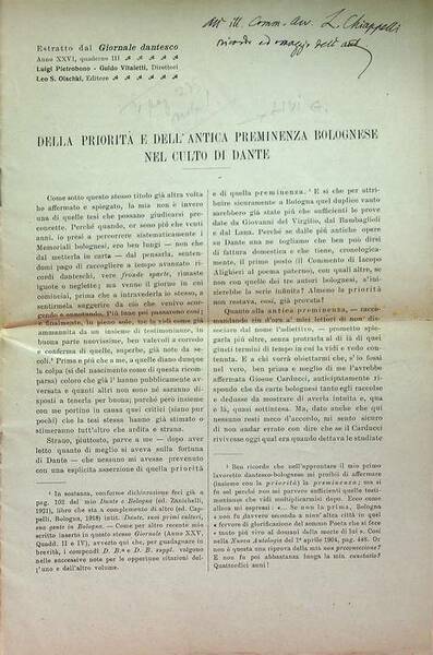 Della prioritÃ e dell'antica preminenza bolognese nel culto di Dante.
