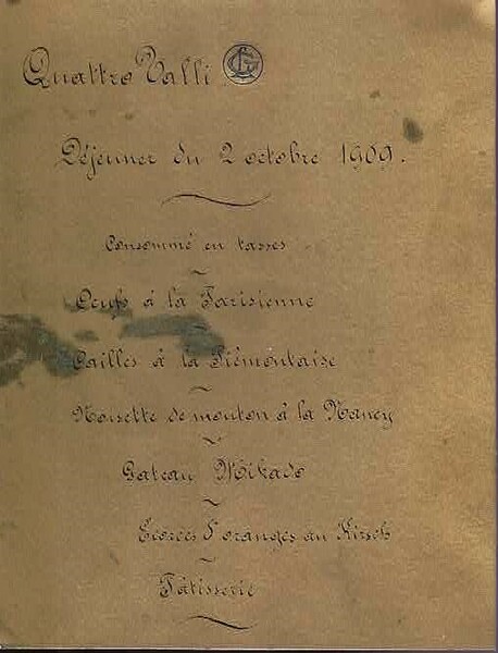 Quattro Valli, Dejeuner du 2 octobre 1909.