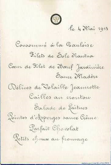 Menu le 4 mai 1913.