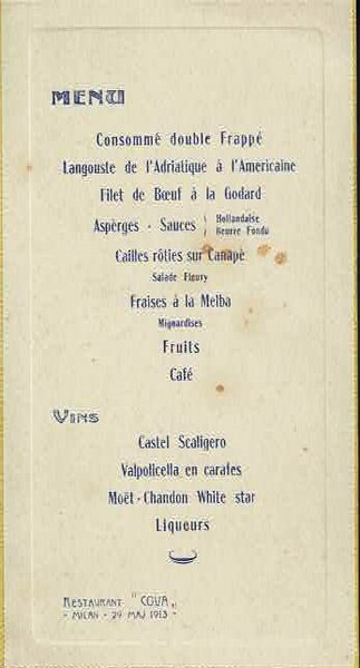 Menu Restaurant "Cova" - Milan - 29 maj 1913.