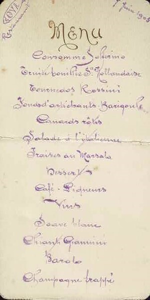 Menu Cova Restaurant, 7 juin 1905.