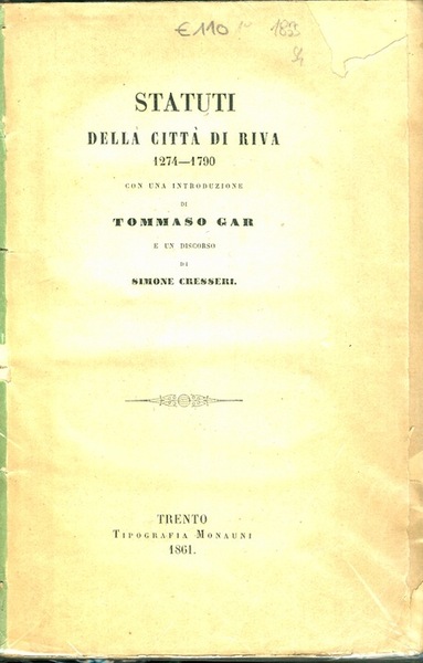 Statuti della cittÃ di Riva: 1274-1790.