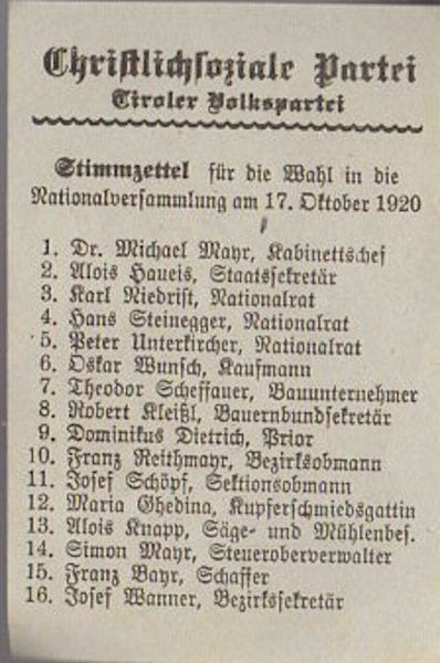 Christlichsoziale Partei: Tiroler Volkspartei. Stimmzettel fÃ¼r die Wahl in die …