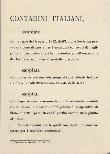 Contadini italiani, sappiate che la legge del 6 agosto 1932, …