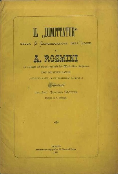 Il Dimittatur della S. Congregazione dell'Indice e A. Rosmini in …