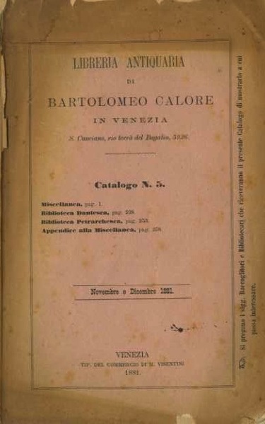 Libreria antiquaria di Bartolomeo Calore in Venezia.