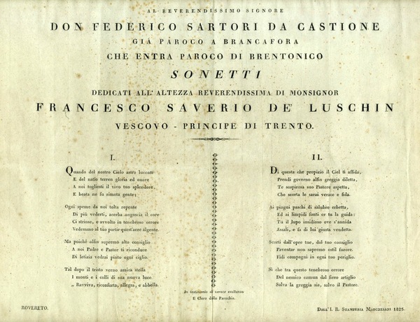 Al reverendissimo Signore Don Federico Sartori da Castione giÃ parroco …