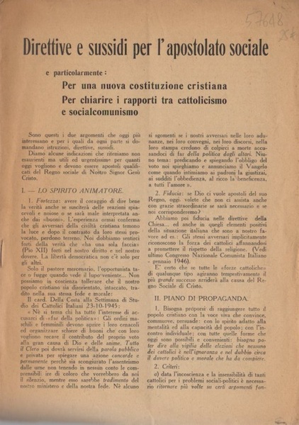 Direttive e sussidi per l'apostolato sociale e particolarmente per una …