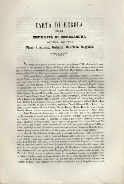 Carta di regola della ComunitÃ di Comezadura costituita dai paesi …