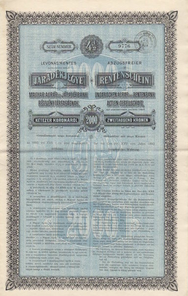 Rentschein ungarischen Agrar und Rentenbank Actien-Gesellschaft: 2000 koronarol: ketzer koronarol.